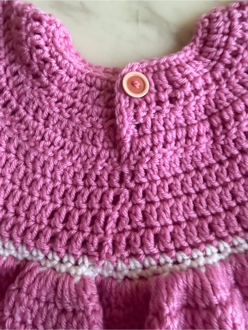 Handmade Pink Crochet Baby Girl Dress Puff Sleeve White Trim 3-6 Months
